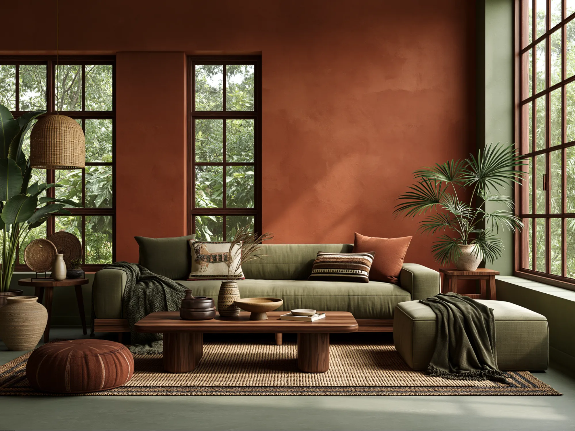 Olive Green and Rust Orange Colour Combination for Living Room