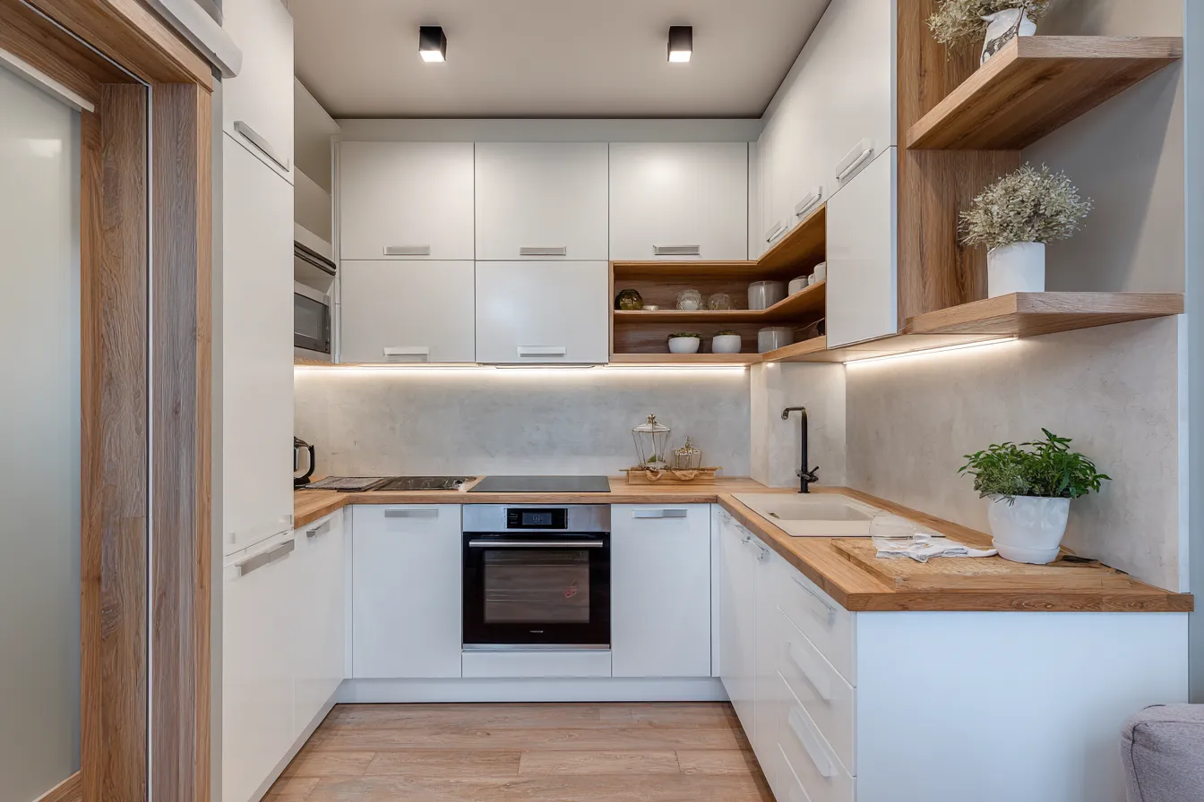 Opt for an L-Shaped Layout in small kitchen Opt for an L-Shaped Layout- low cost small kitchen design