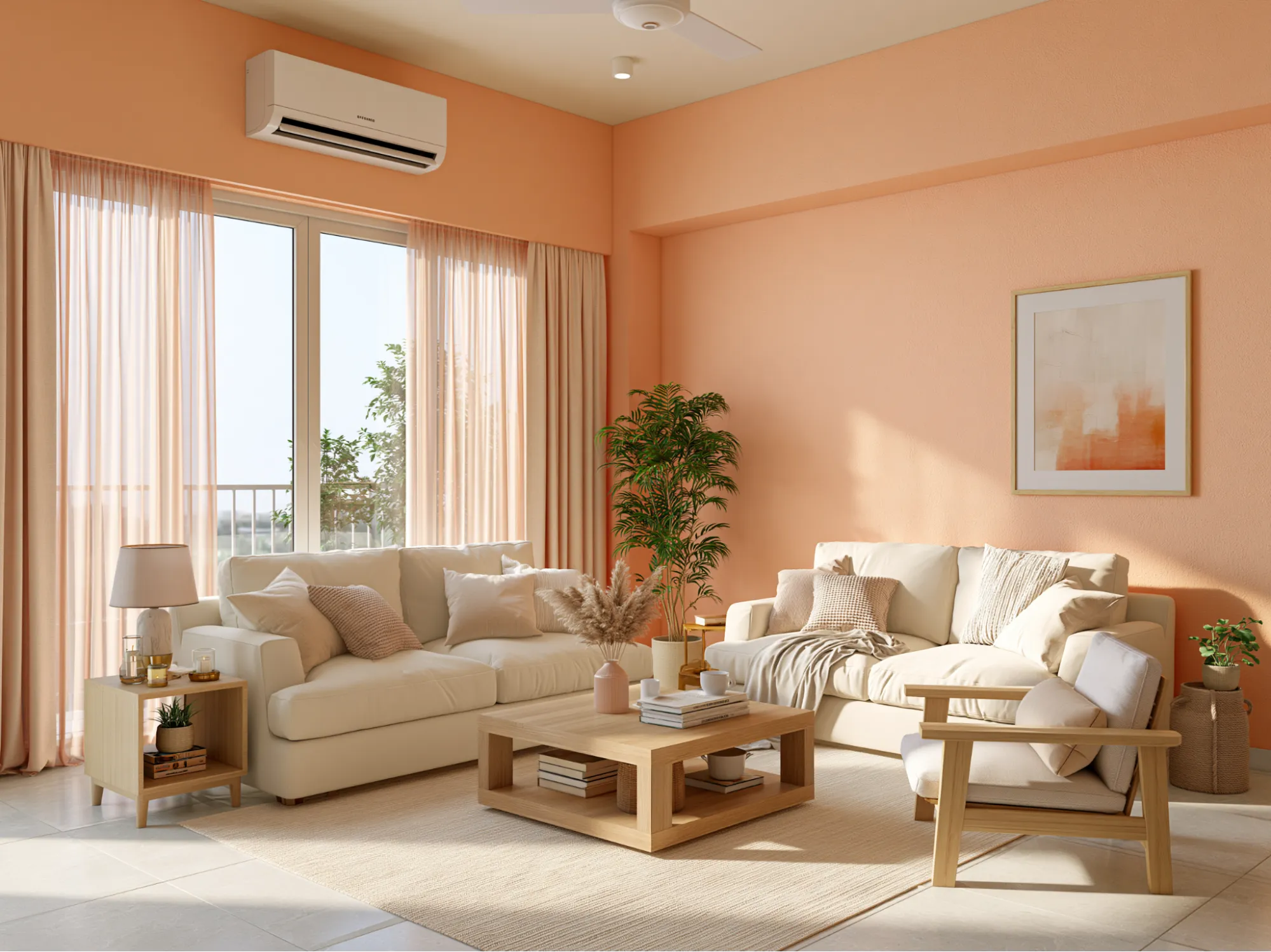 Peach Orange and Off-White Colour Combination for Living Room