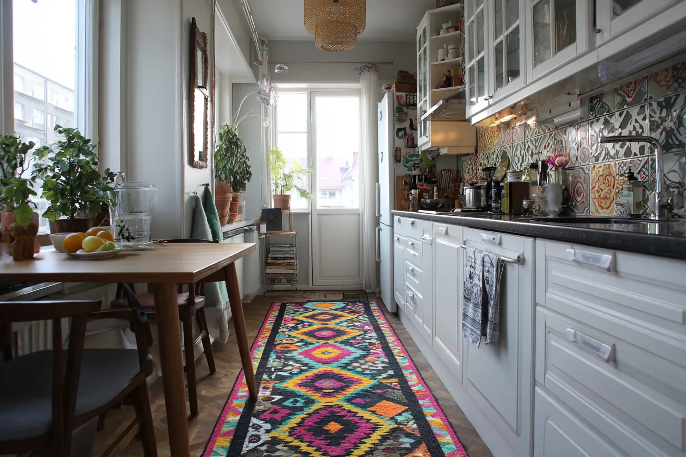 Place a Rug with a Bold Pattern in small kitchen Place a Rug with a Bold Pattern- small kitchen design