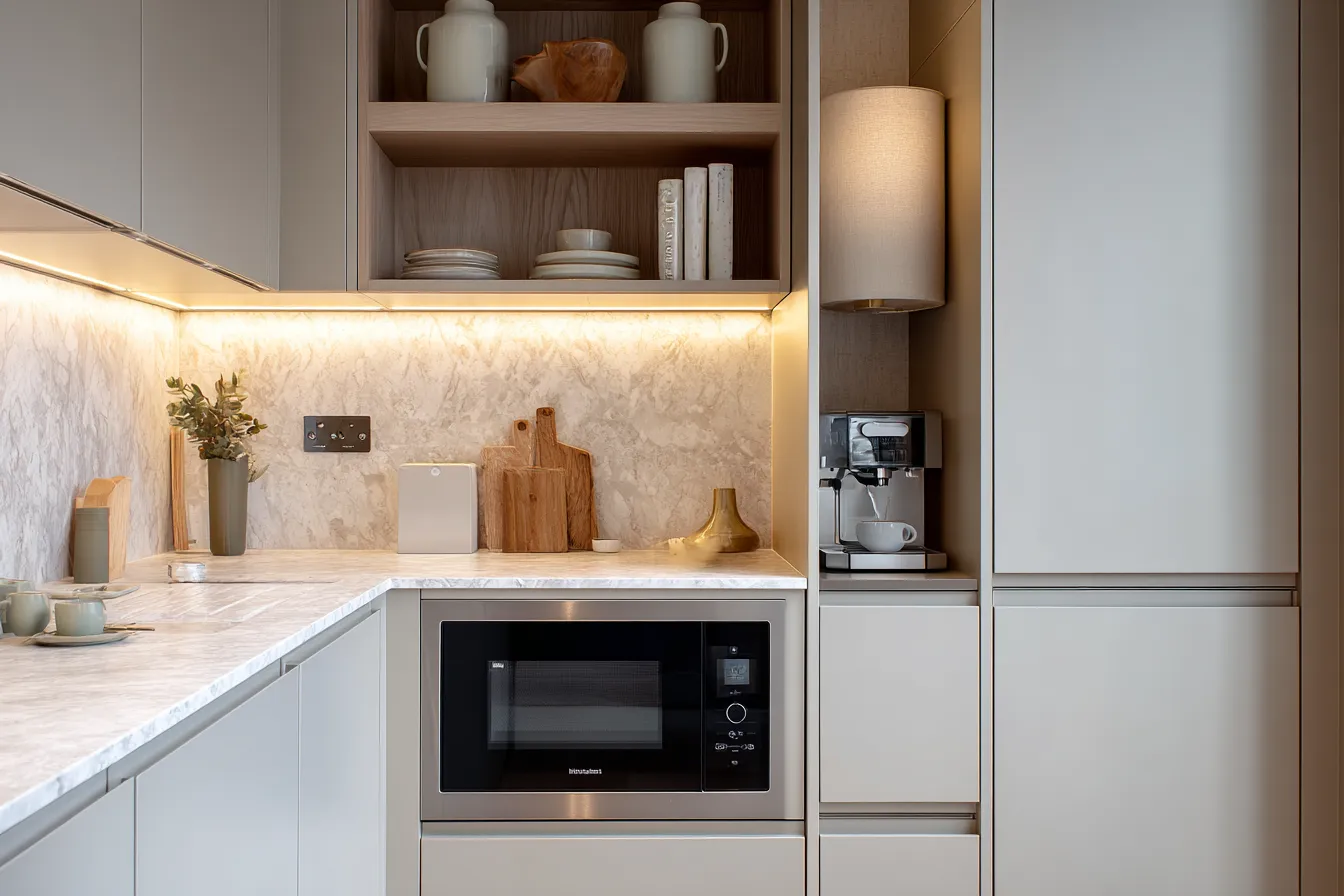 Position the Microwave Under the Counter for small kitchen Position the Microwave Under the Counter- small kitchen interior design