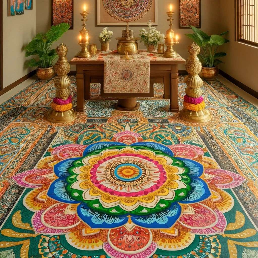 Rangoli Patterned Temple Floor Tiles Design