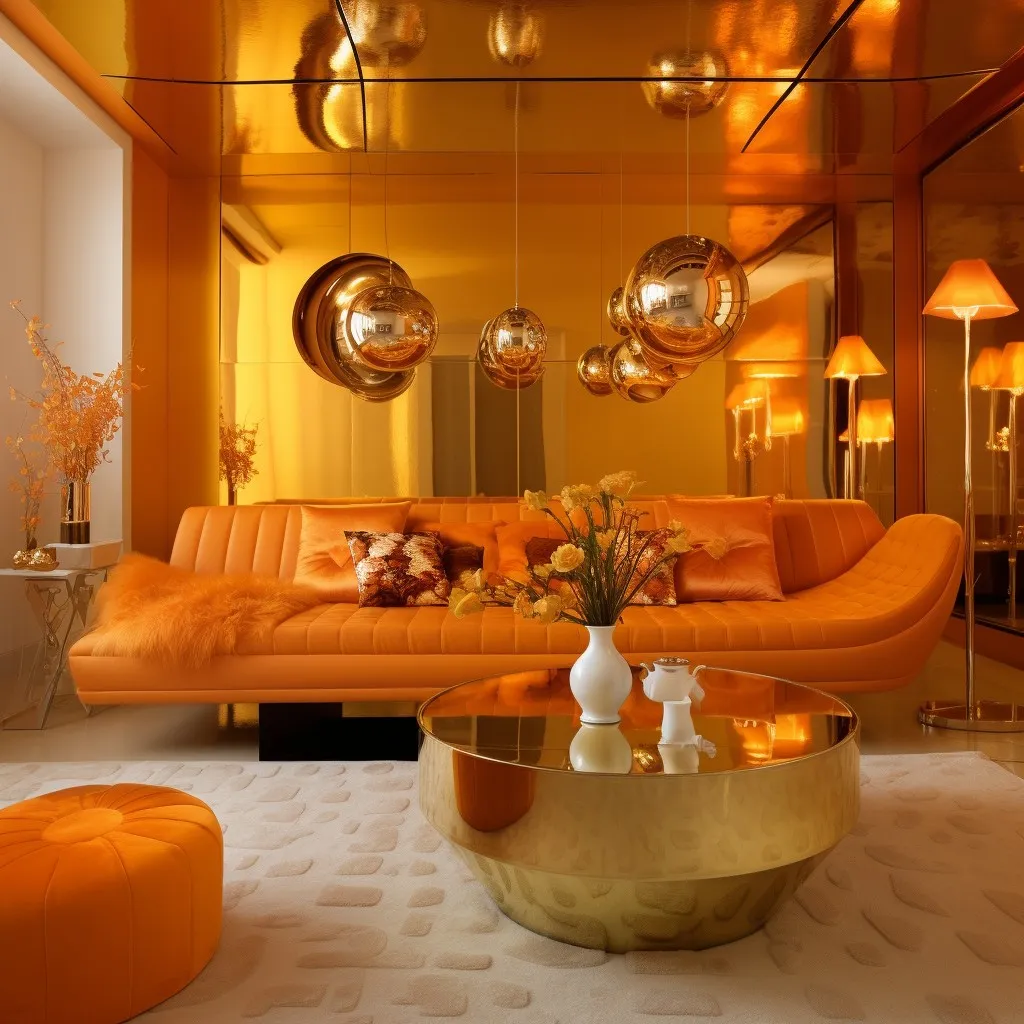 Shiny Gold and Orange Colour Combination for Living Room