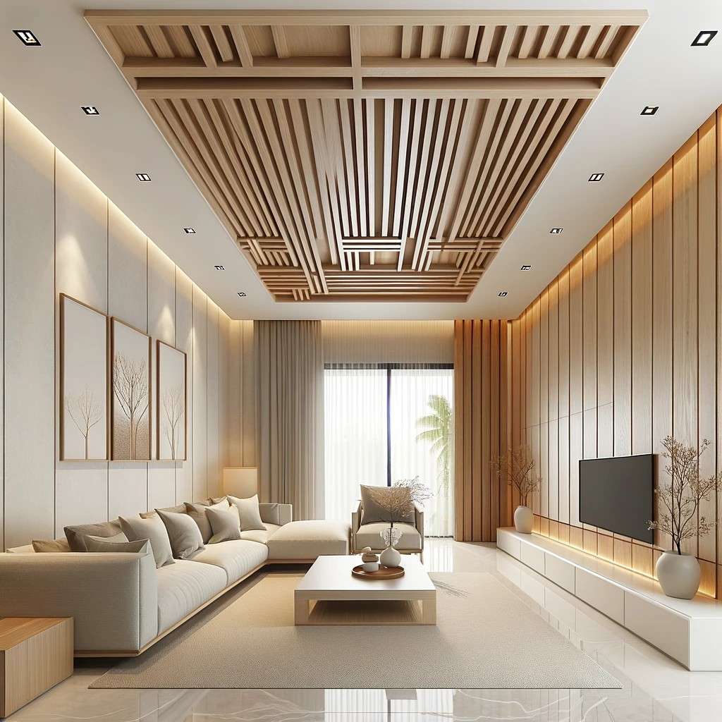 Simple Pop Design for Hall with Wooden Accents