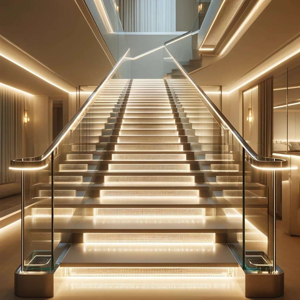 Stairs Glass Railing Design with LED Lights