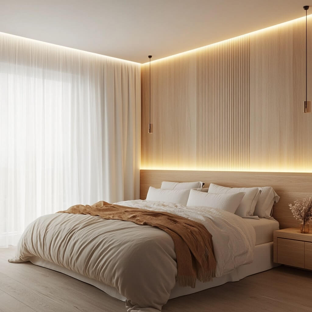 Warm LED Strip Lights Behind the Bed