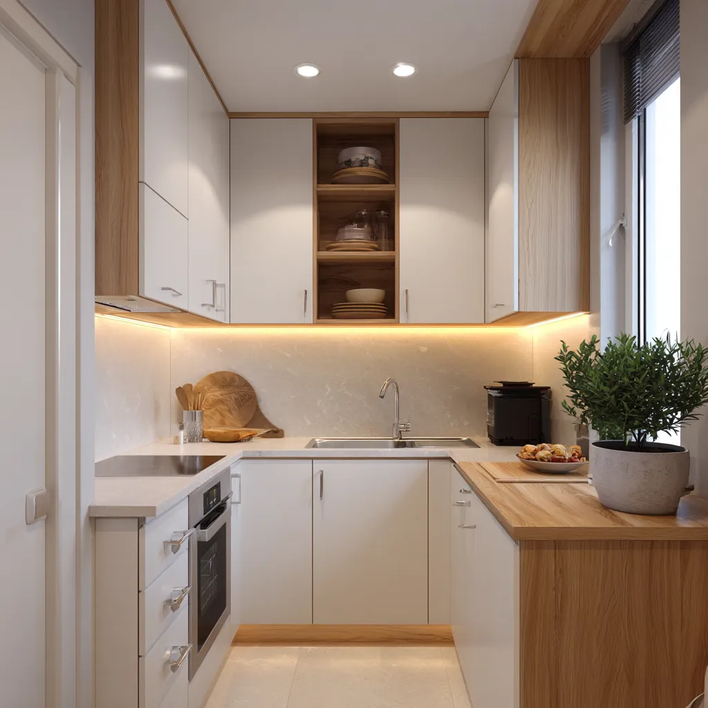 White and Wood Small Kitchen Colour Combination