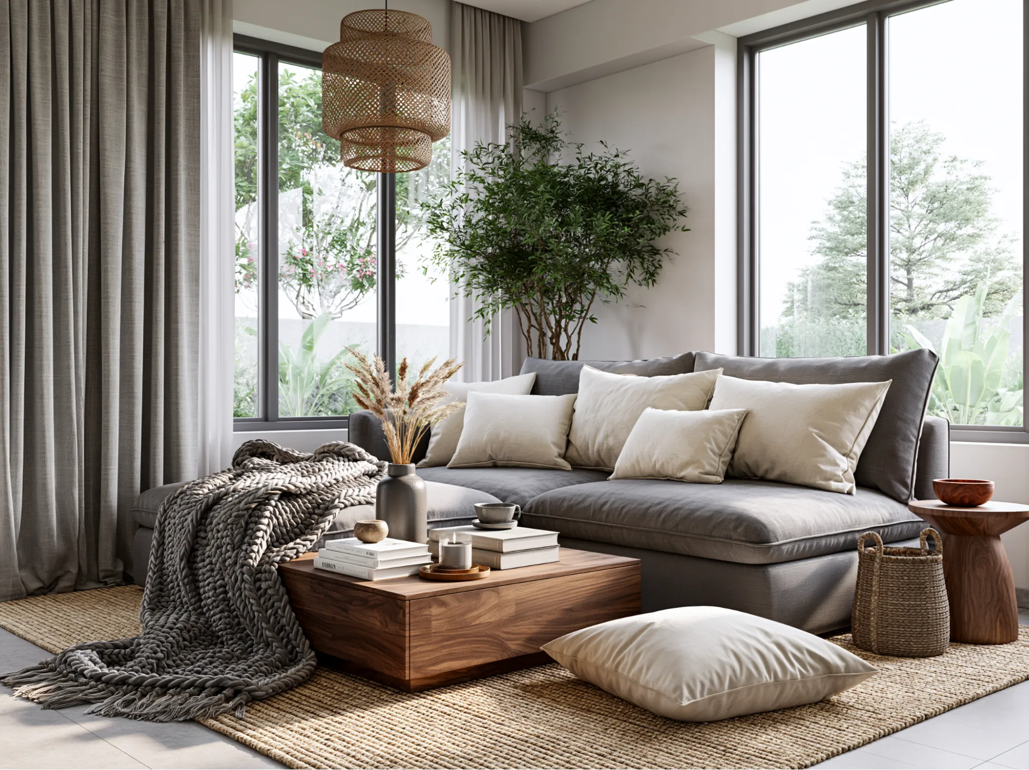Wood and Fabric Layers- Cosy Grey and White Living Room Ideas