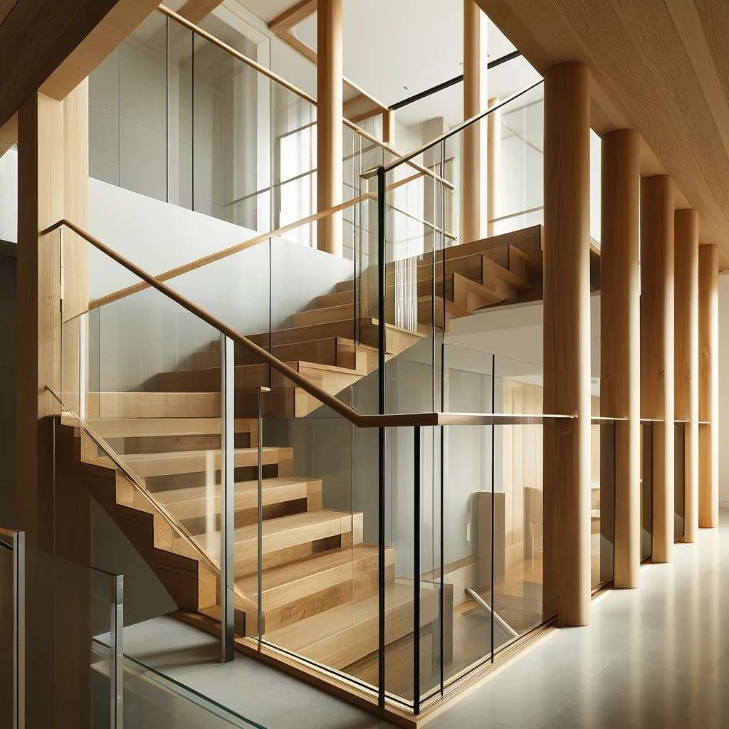 Wood and Glass Fusion Railing Design for Stairs