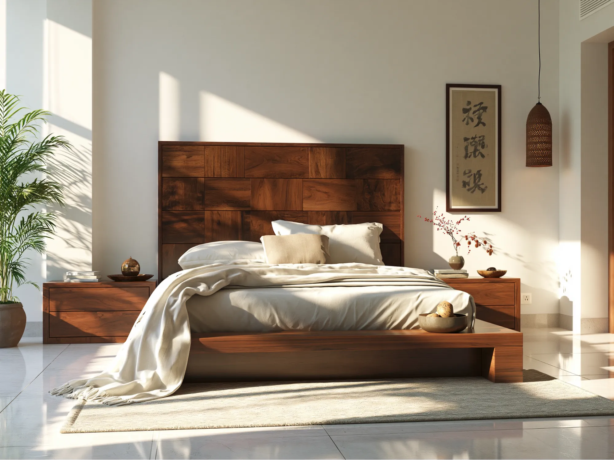 Wooden Headboard and White Wall Colour Combination for Bedroom