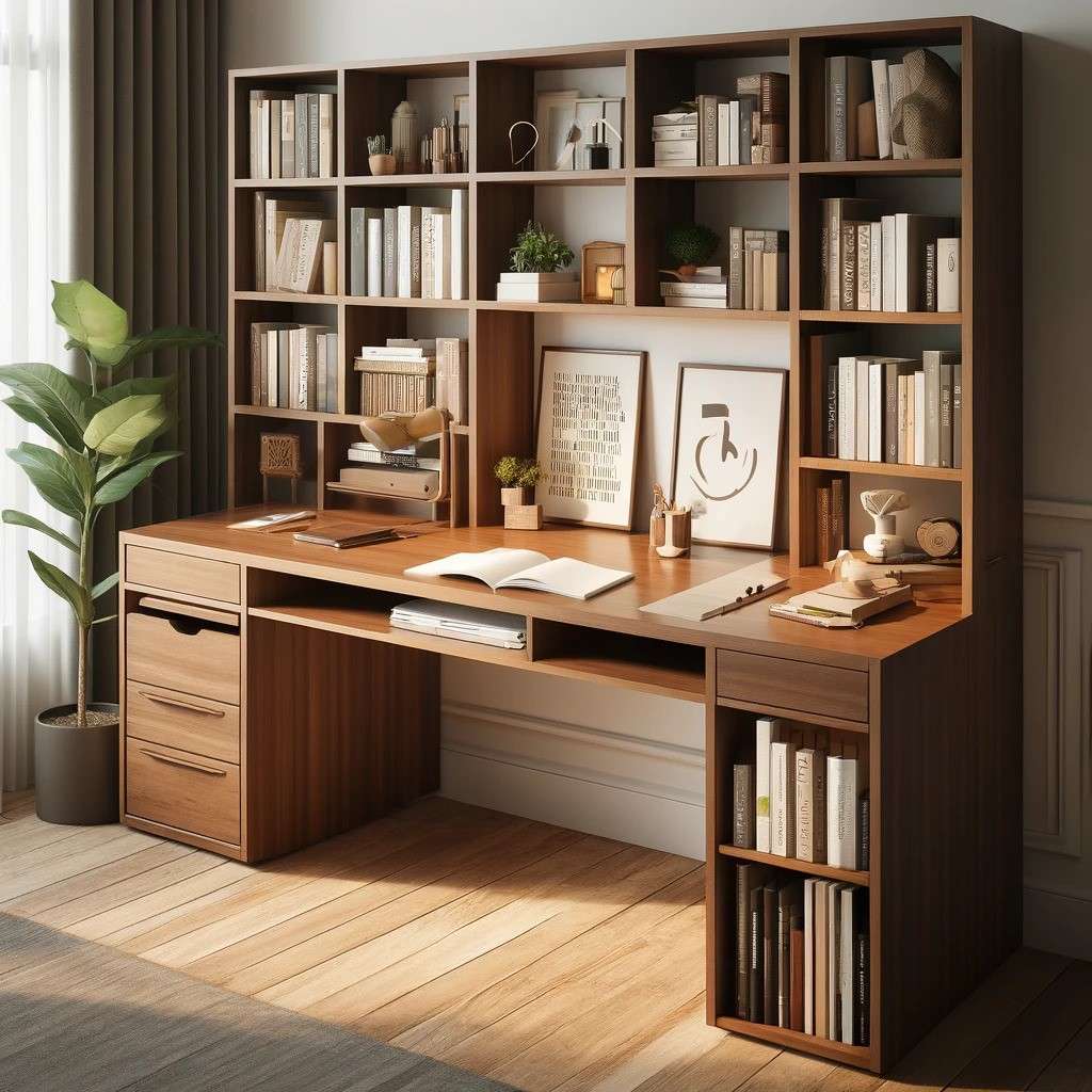 Wooden Study Table with Bookshelf Design