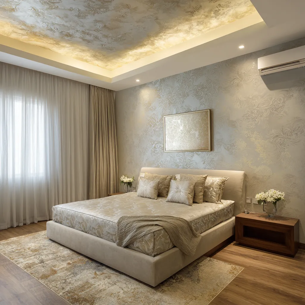 Bedroom POP Ceiling Design with Wallpaper Overlap Bedroom POP Design with Wallpaper Overlap