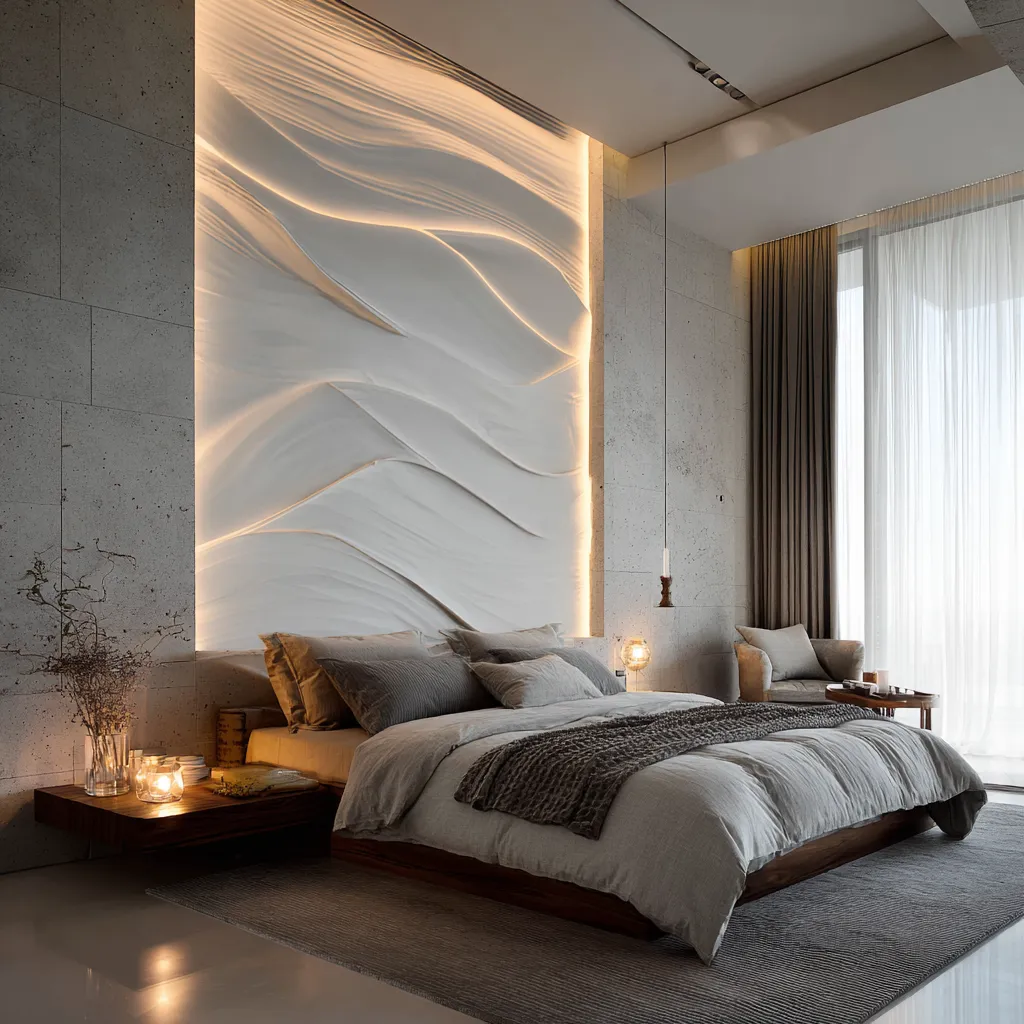 Artistic Bedroom POP Wall Design with Lights Bedroom POP Wall Art Design with Integrated Lighting