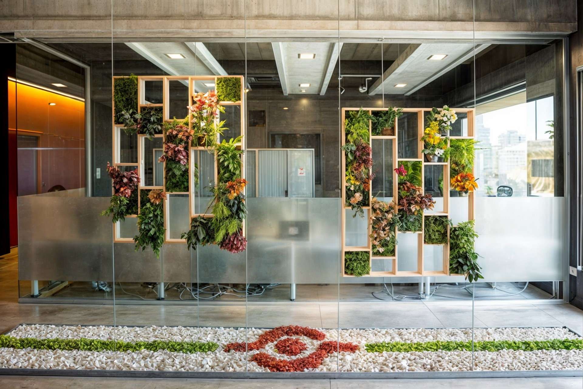 Office Glass Divider Design with Built-in Plants