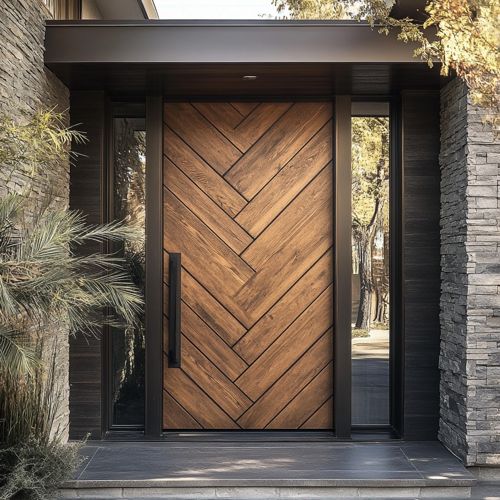 Beautiful Front Door Design with Chevron Wood Pattern