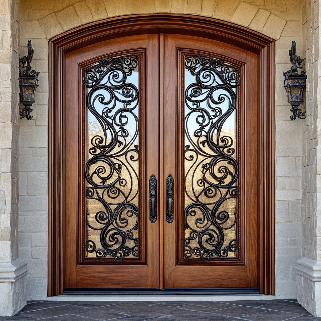 Double Door Design with Ornamental Ironwork for House Entrance