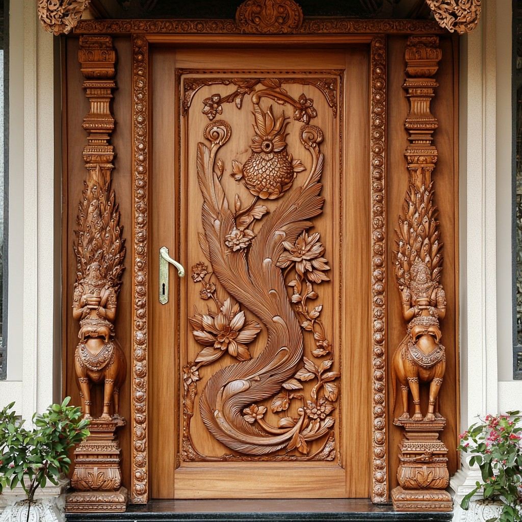 Exquisite Carved Wooden Door Design with Floral Motifs