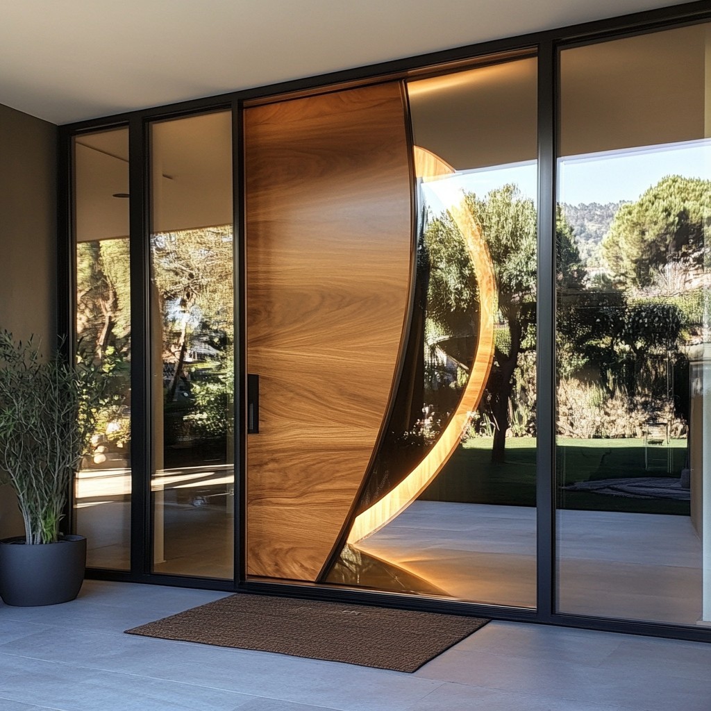 Fancy Glass Pivot Door Design with Wooden Frame