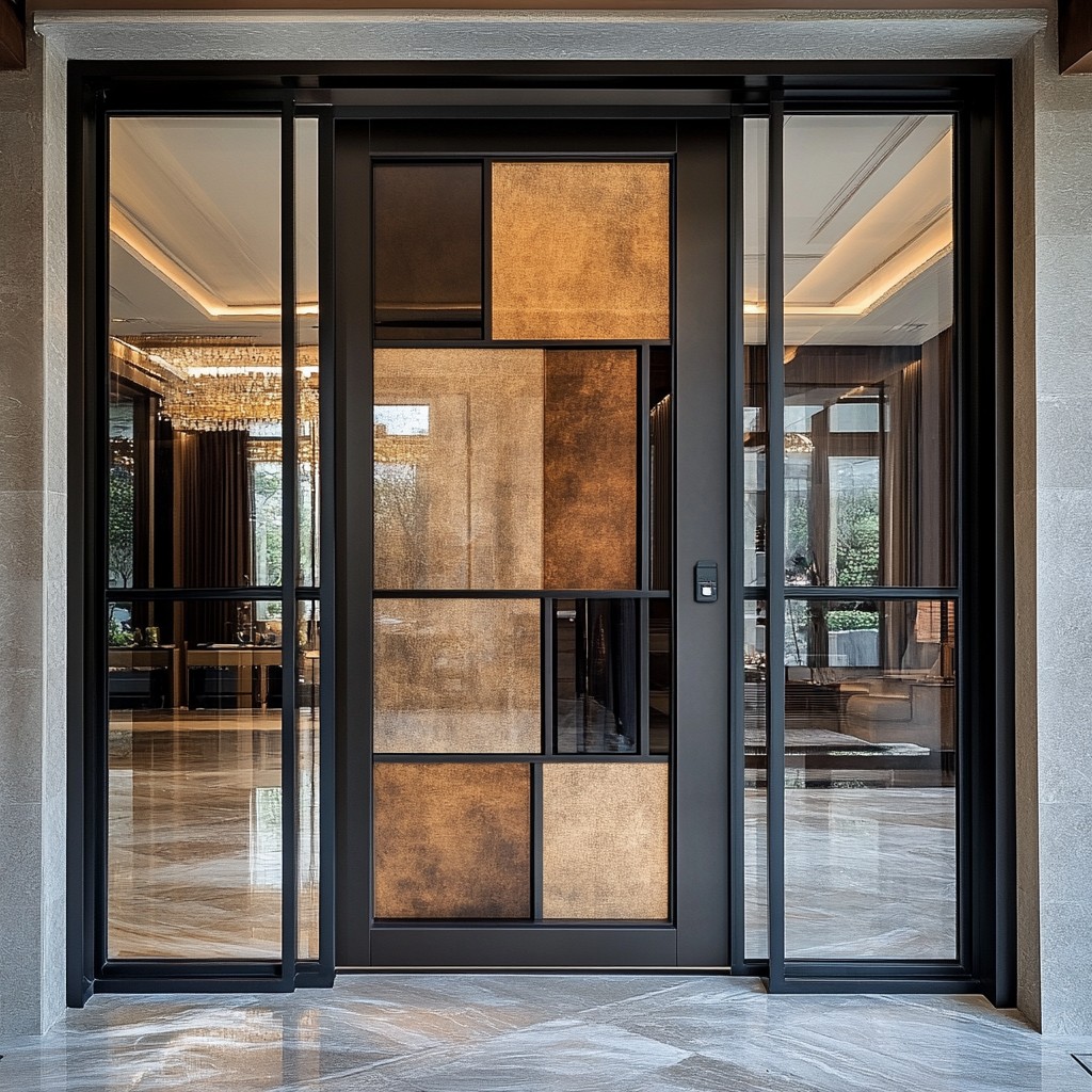 Glass and Metal Fusion Main Entrance Door Design for Apartments