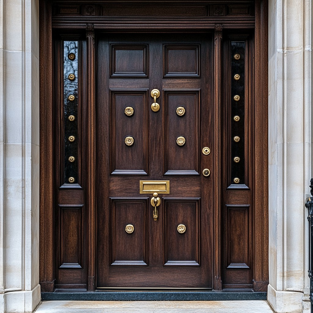 Grand Wooden Main Door Design with Brass Detailing