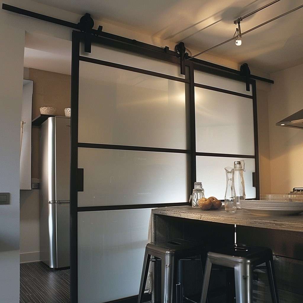 Kitchen Sliding Door Made Out of Steel and Transparent Glass Panels