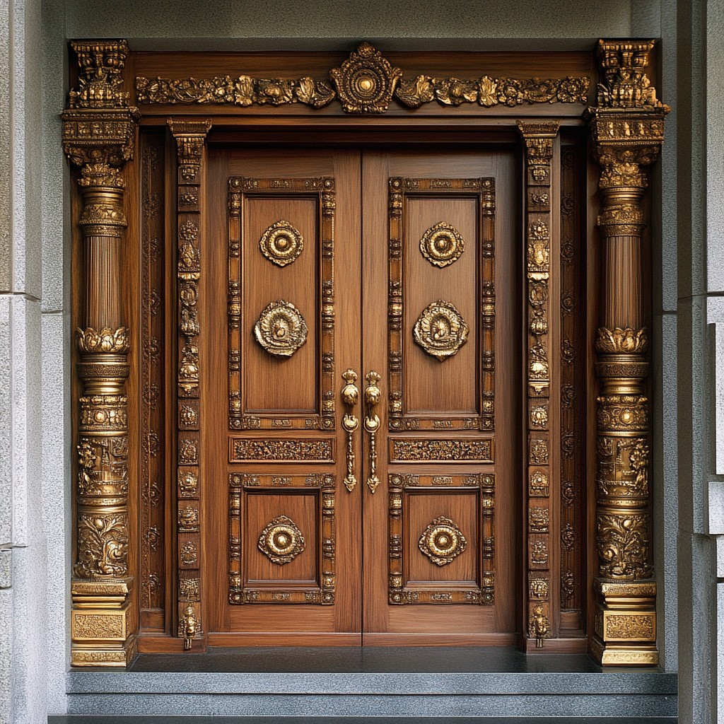 Traditional South Indian Teakwood Door Design for Main Entrance