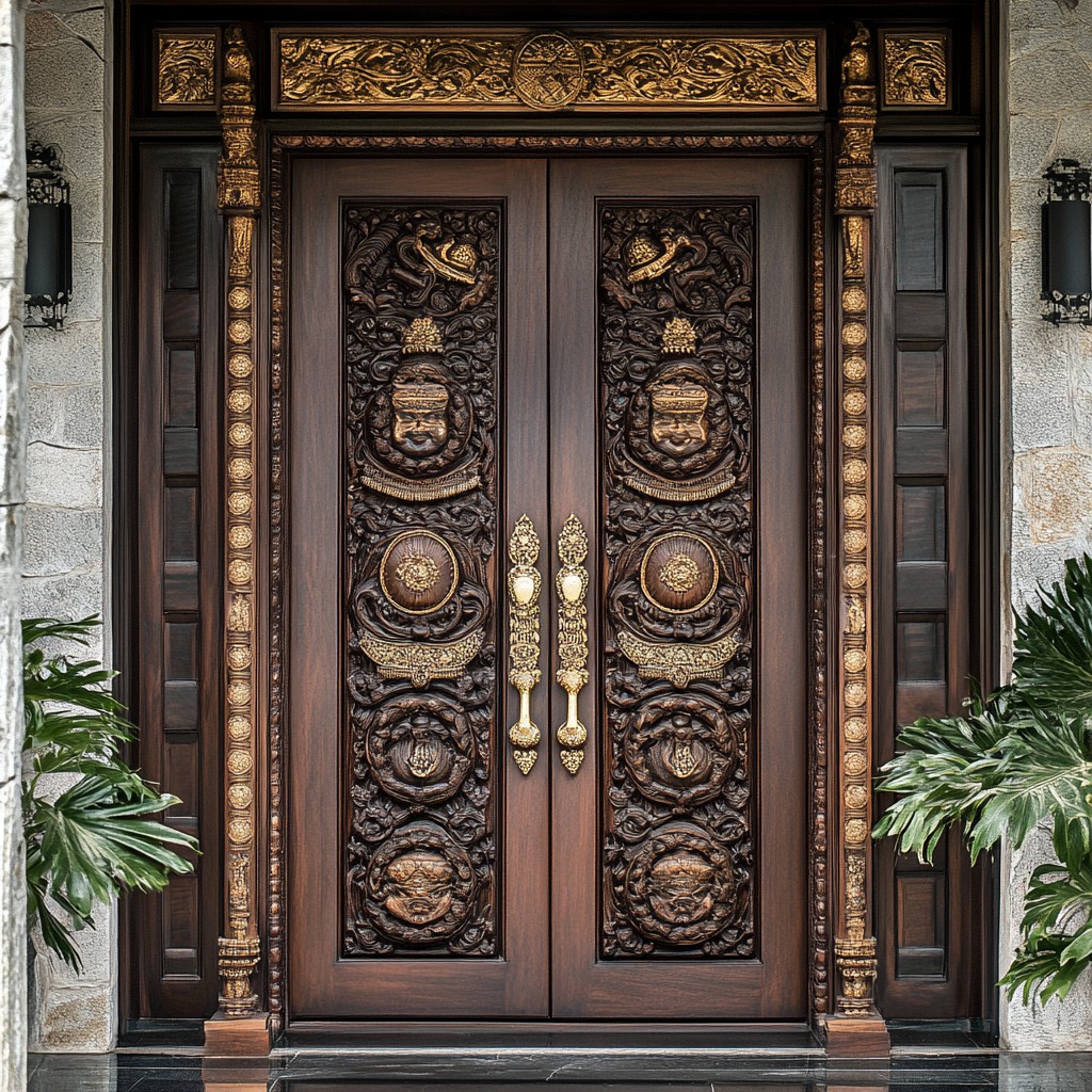 Traditional Temple-Style Wooden Door Design