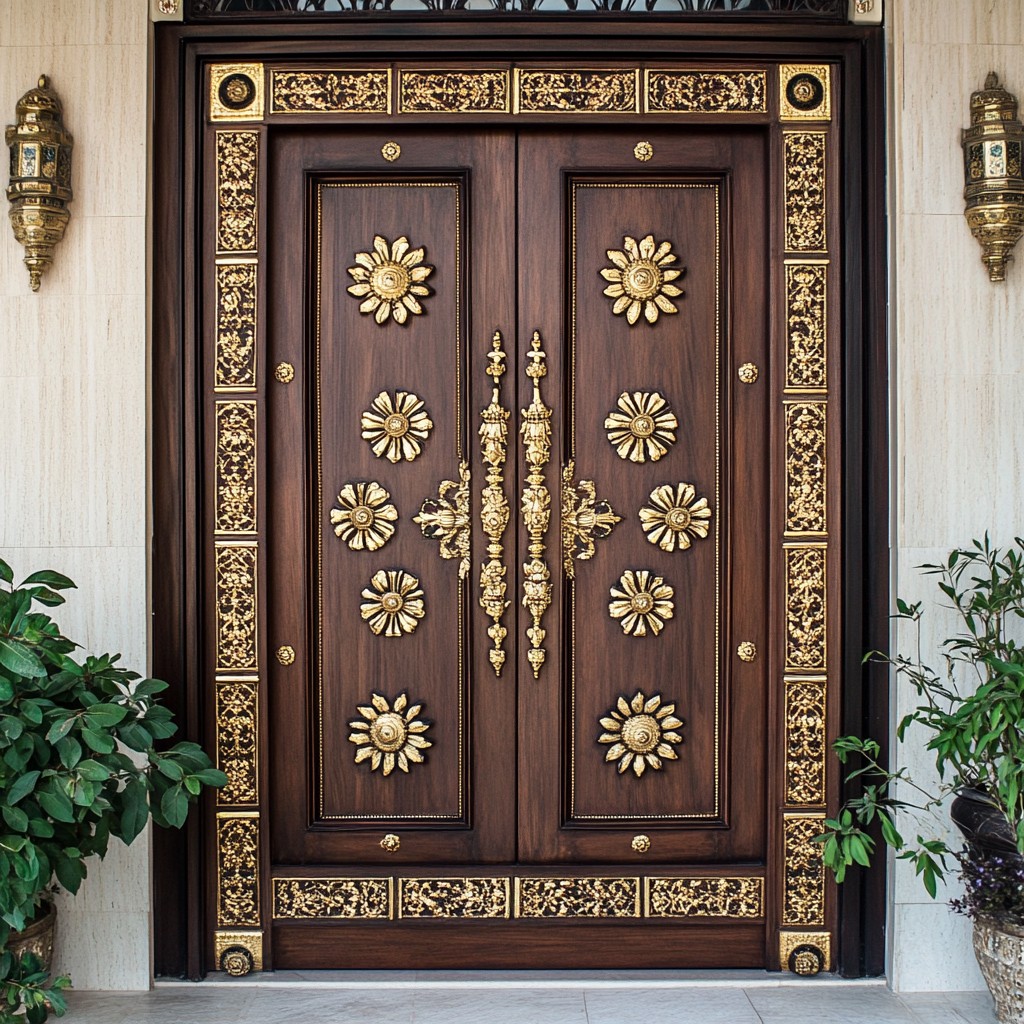 Traditional Wooden Main Door Design with Brass Inlays