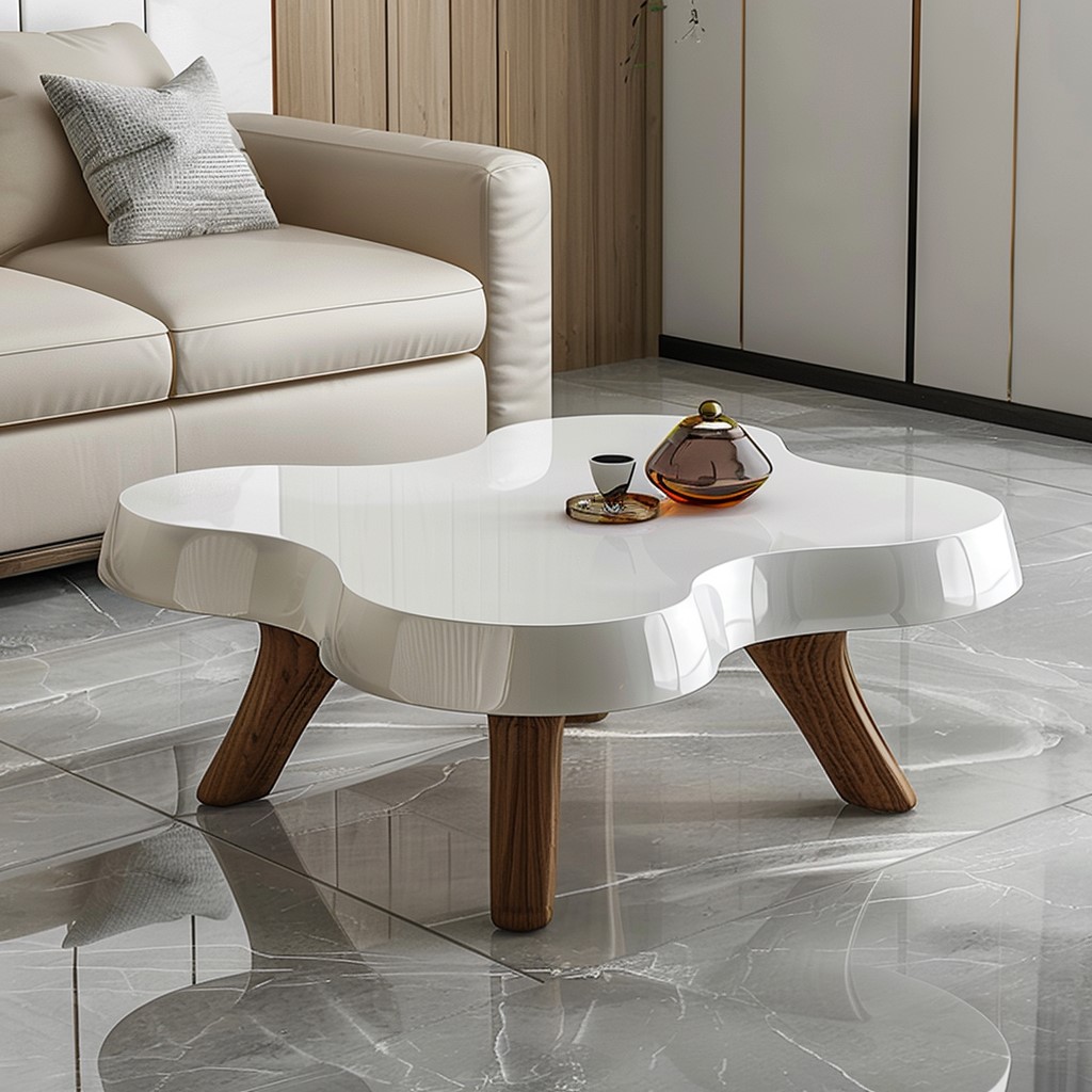 Wavy White Pastel Shade Wood Tables with Brown Wooden Legs