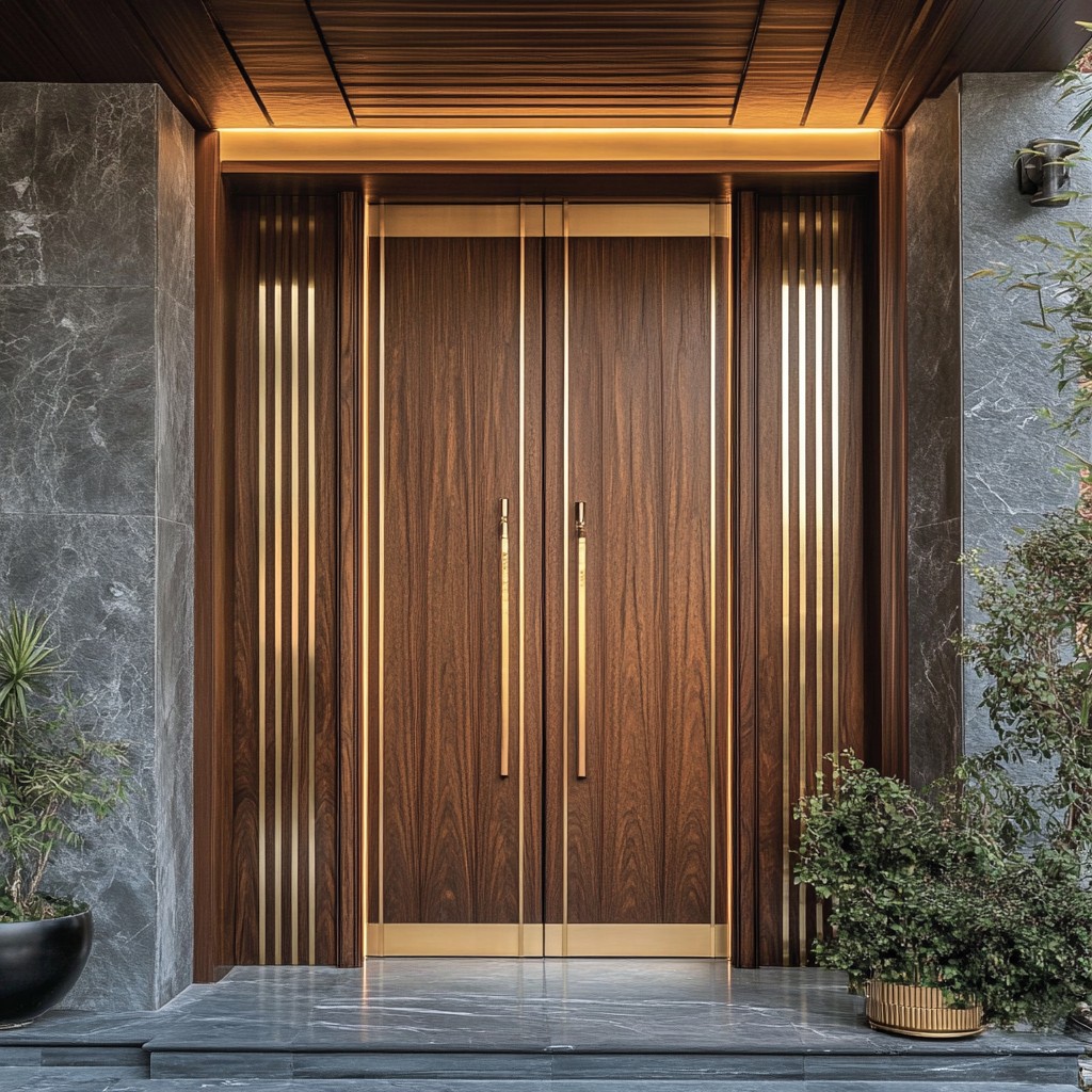 Wooden Main Door Design with Vertical Brass Strips