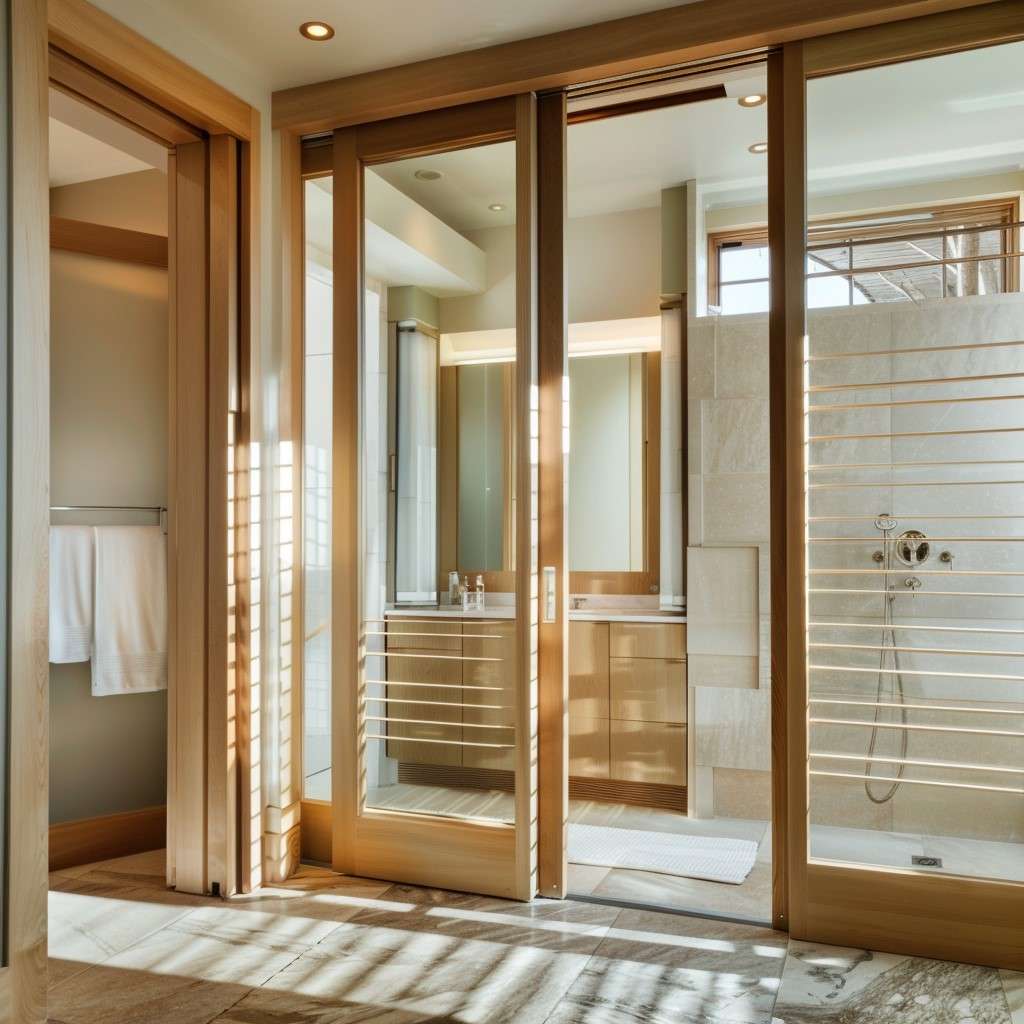 Wooden Panelled Sliding Glass Door for Small Bathroom