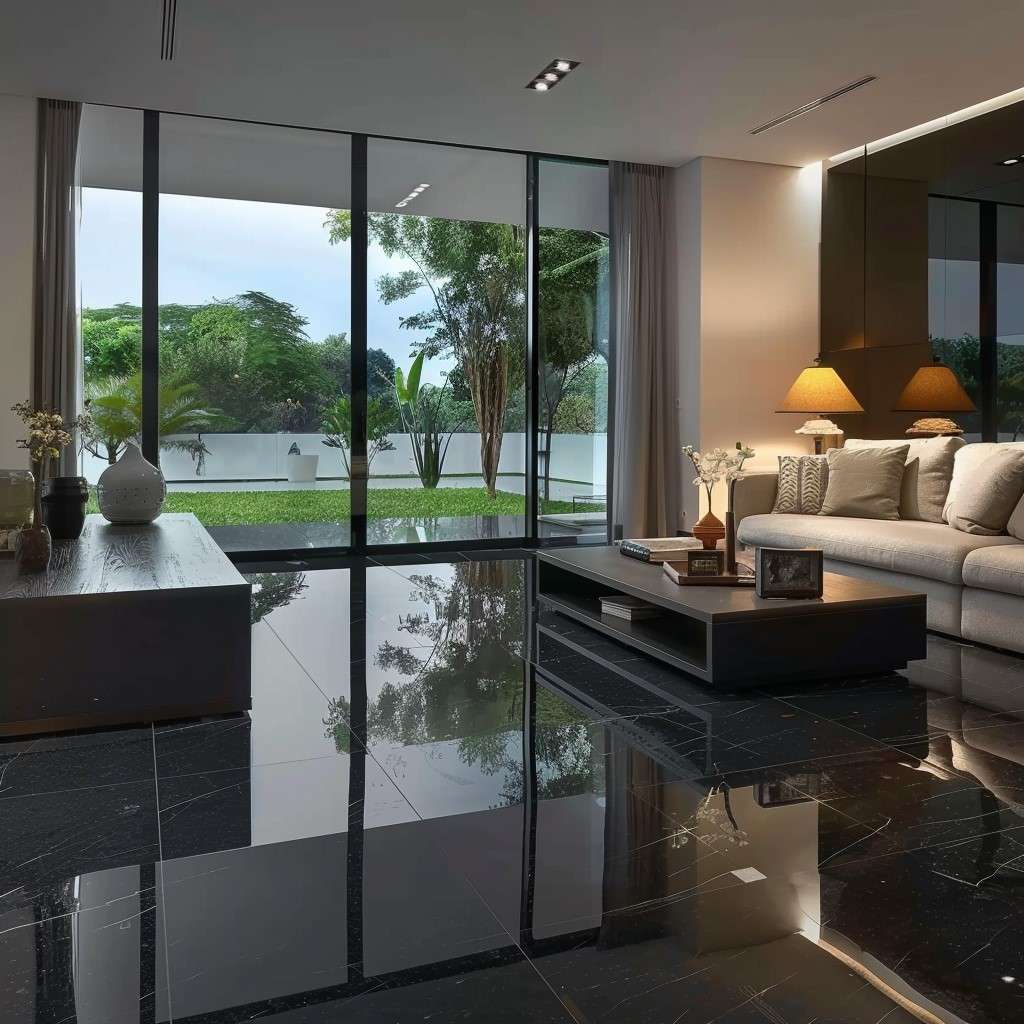 Absolute Black Granite Flooring Design for Living Room