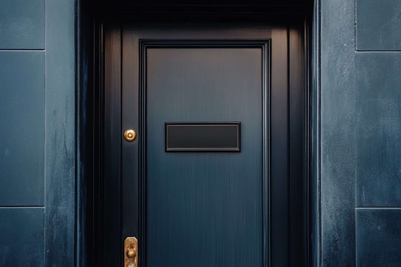 Black Nameplate on Grey Door As Per Vastu