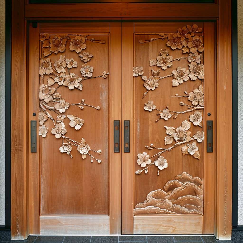 Cherry Blossom Flower Wood Carving Design in Main Door