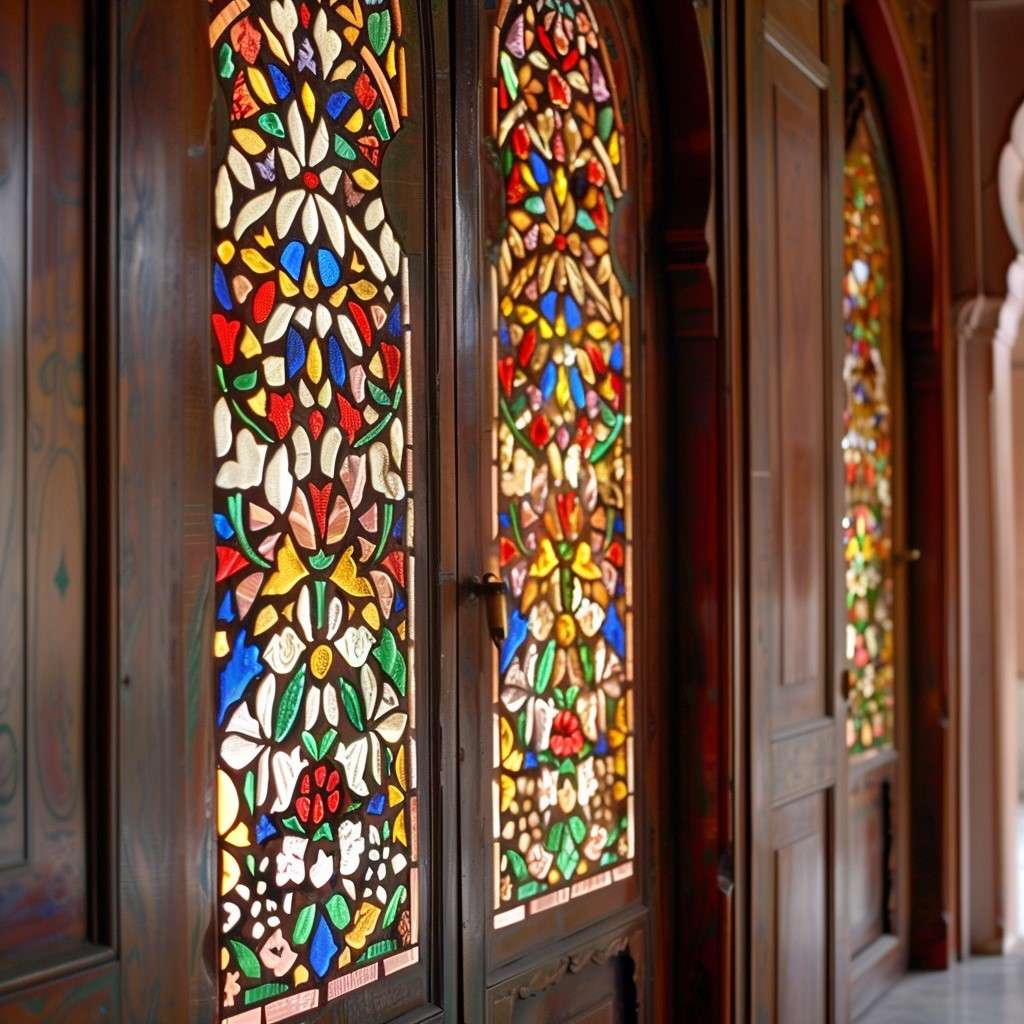 Colourful Stained Glass Jali Main Door Design in Fancy Style