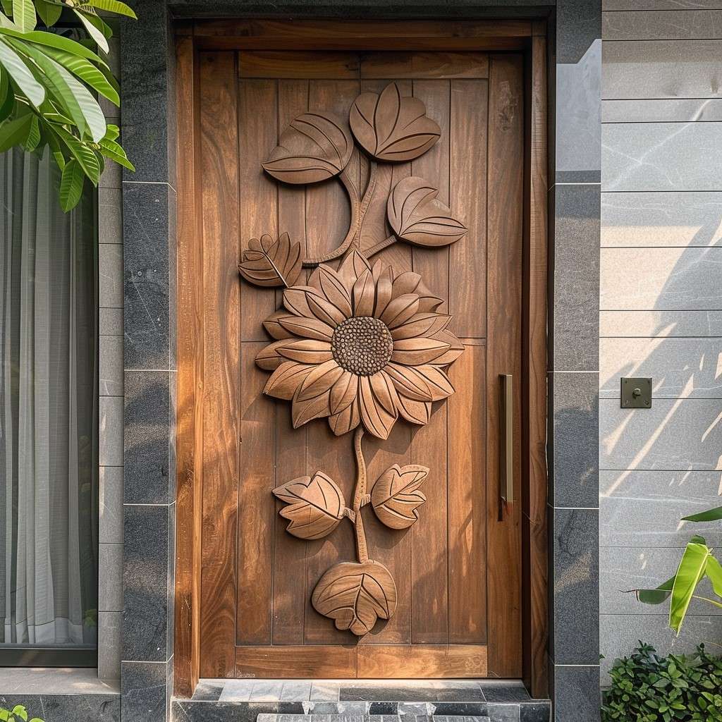 Daisy Flower Wood Carving Design for Main Single Door in Modern Style