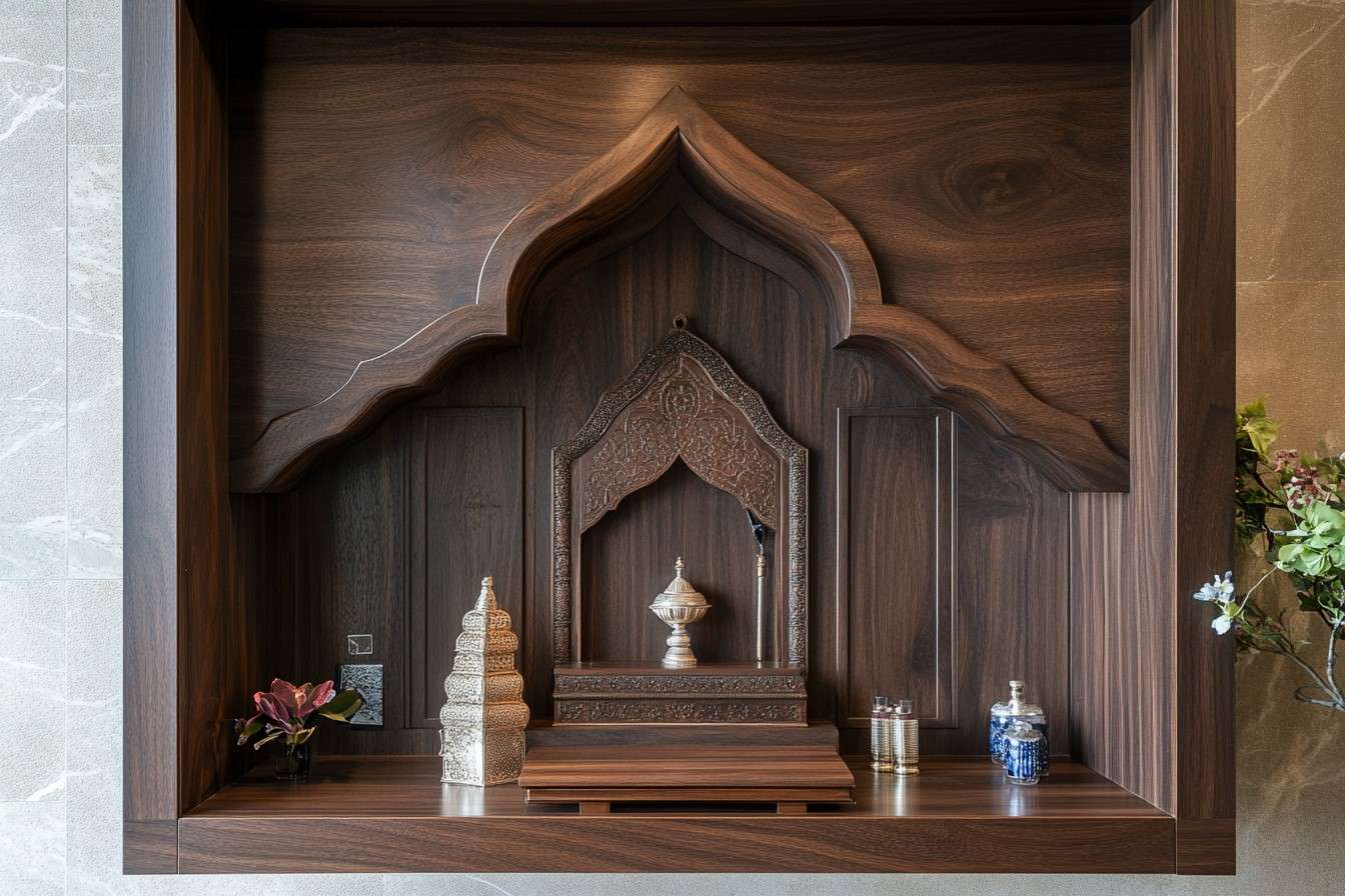 Dark Wooden Wall-Mounted Devghar Design