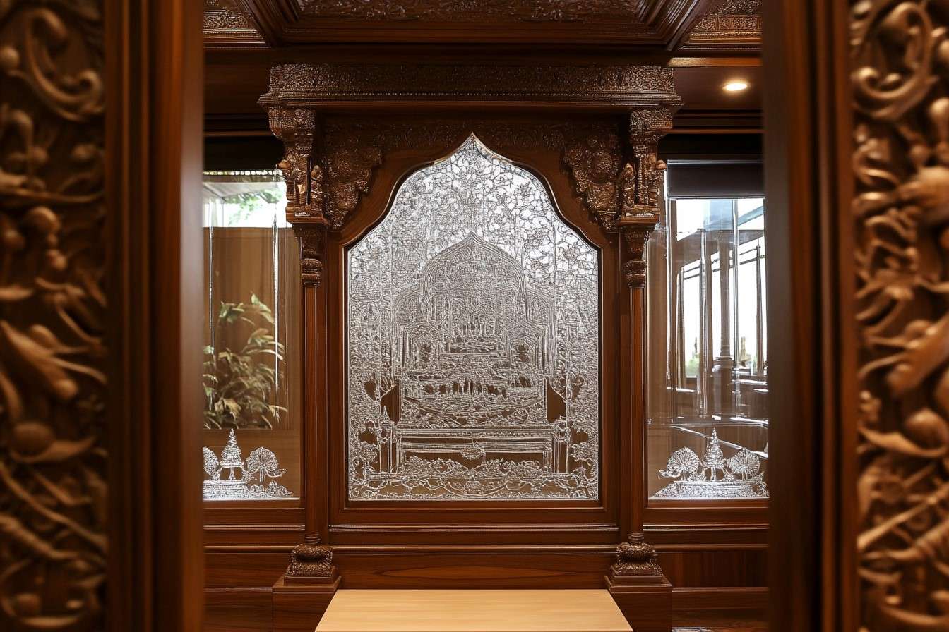 Devghar Interior Design Featuring a Carved Glass Panel