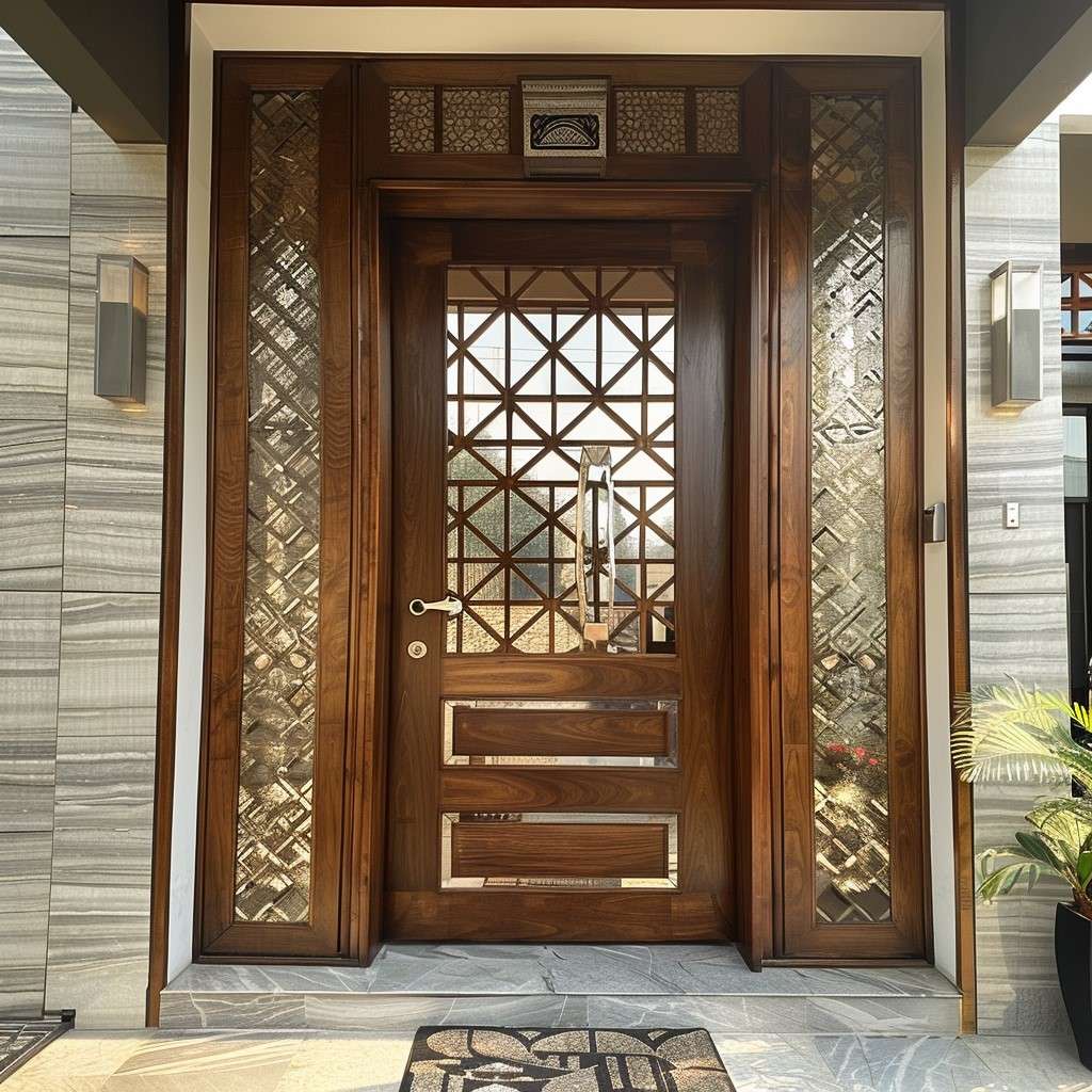 Glass And Wood Jali Front Door Design