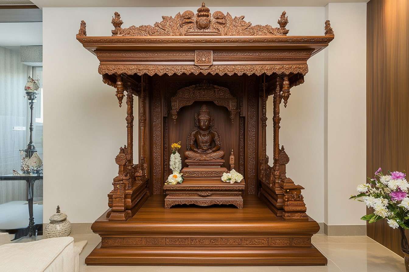 Living Room with Carved Wood Mandir Design