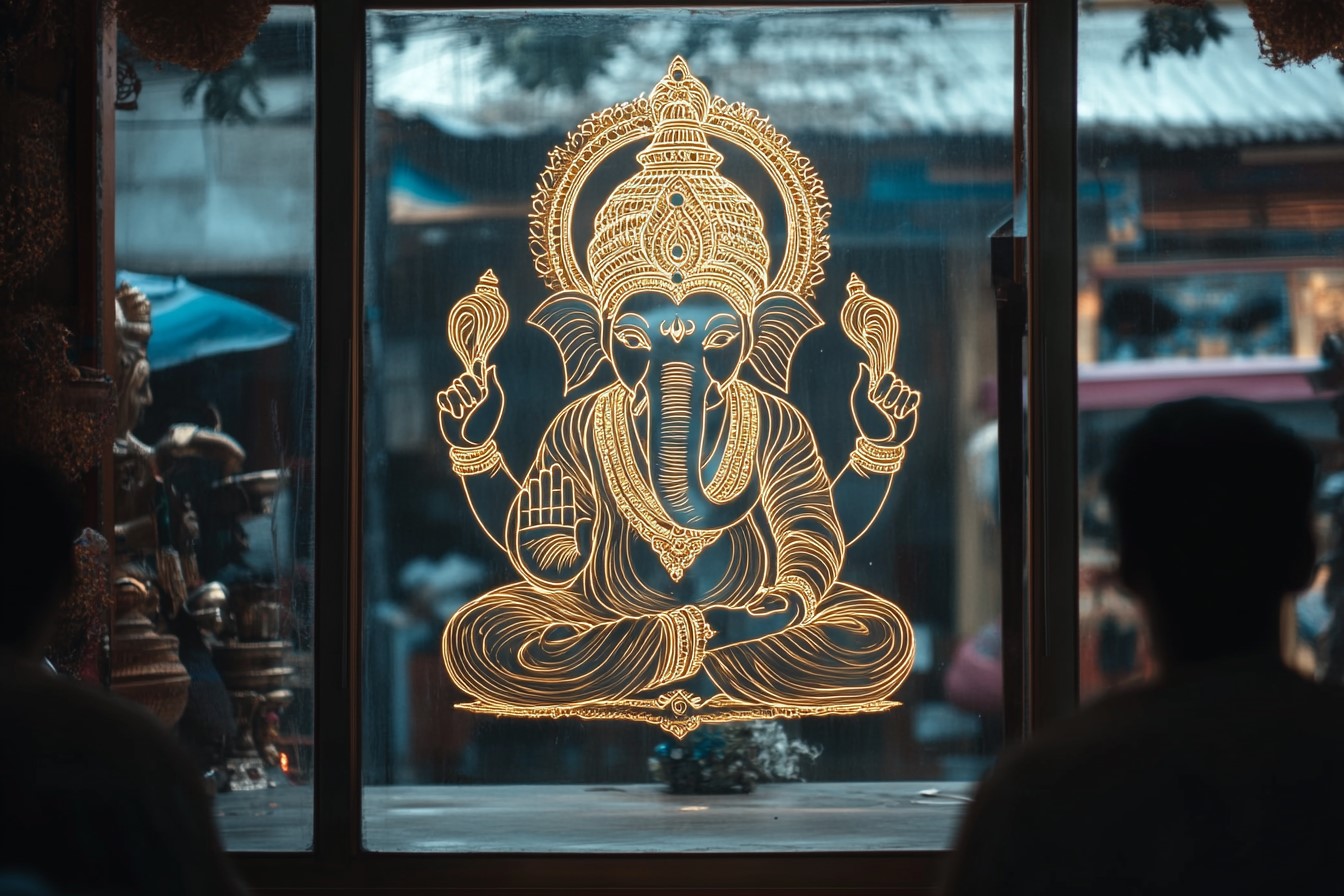 Lord Ganesh Glass Art on The Wooden Main Door