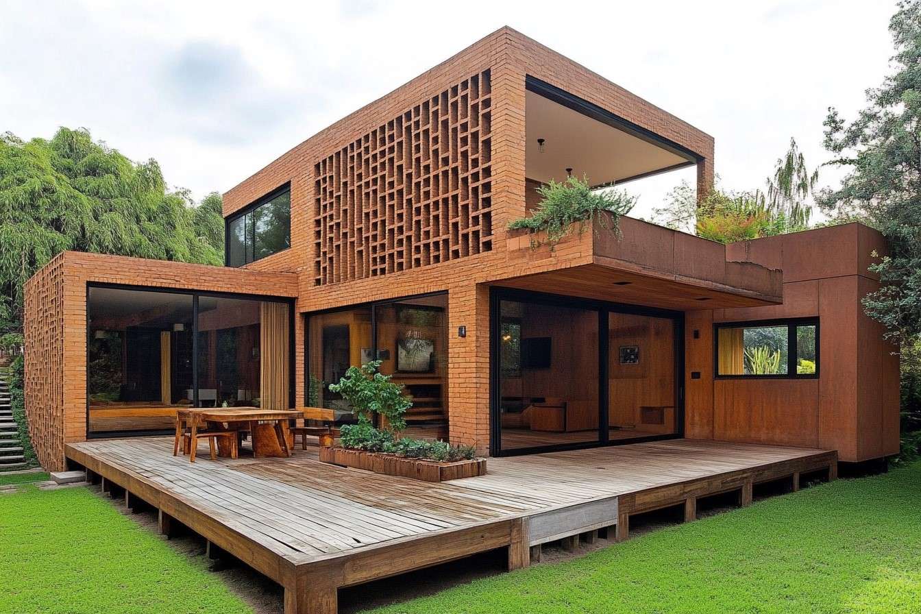 Minimalist Wooden House Design Incorporating Bricks