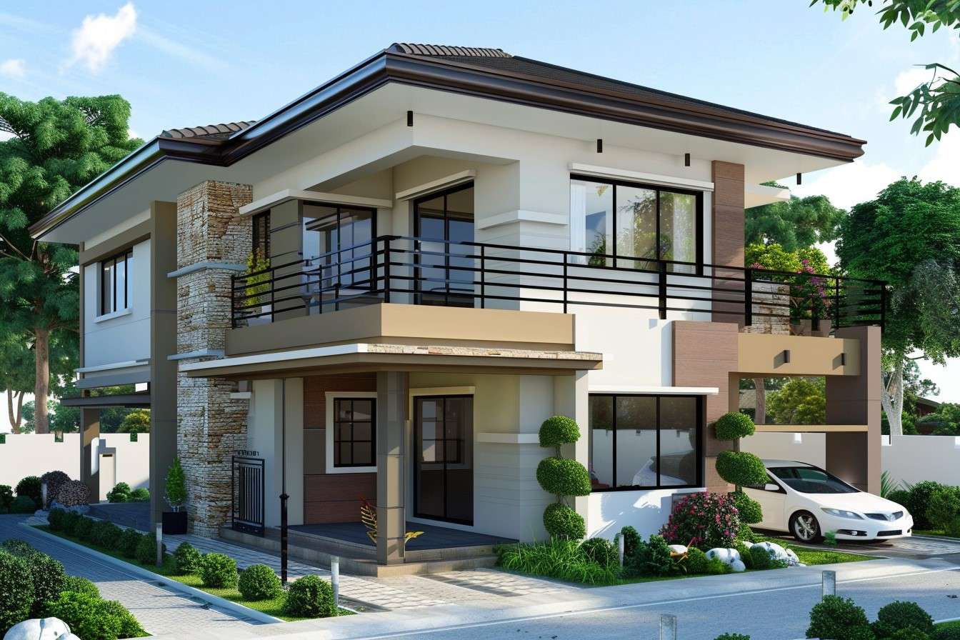 Modern 2 Storey House Design with Sloped Roof