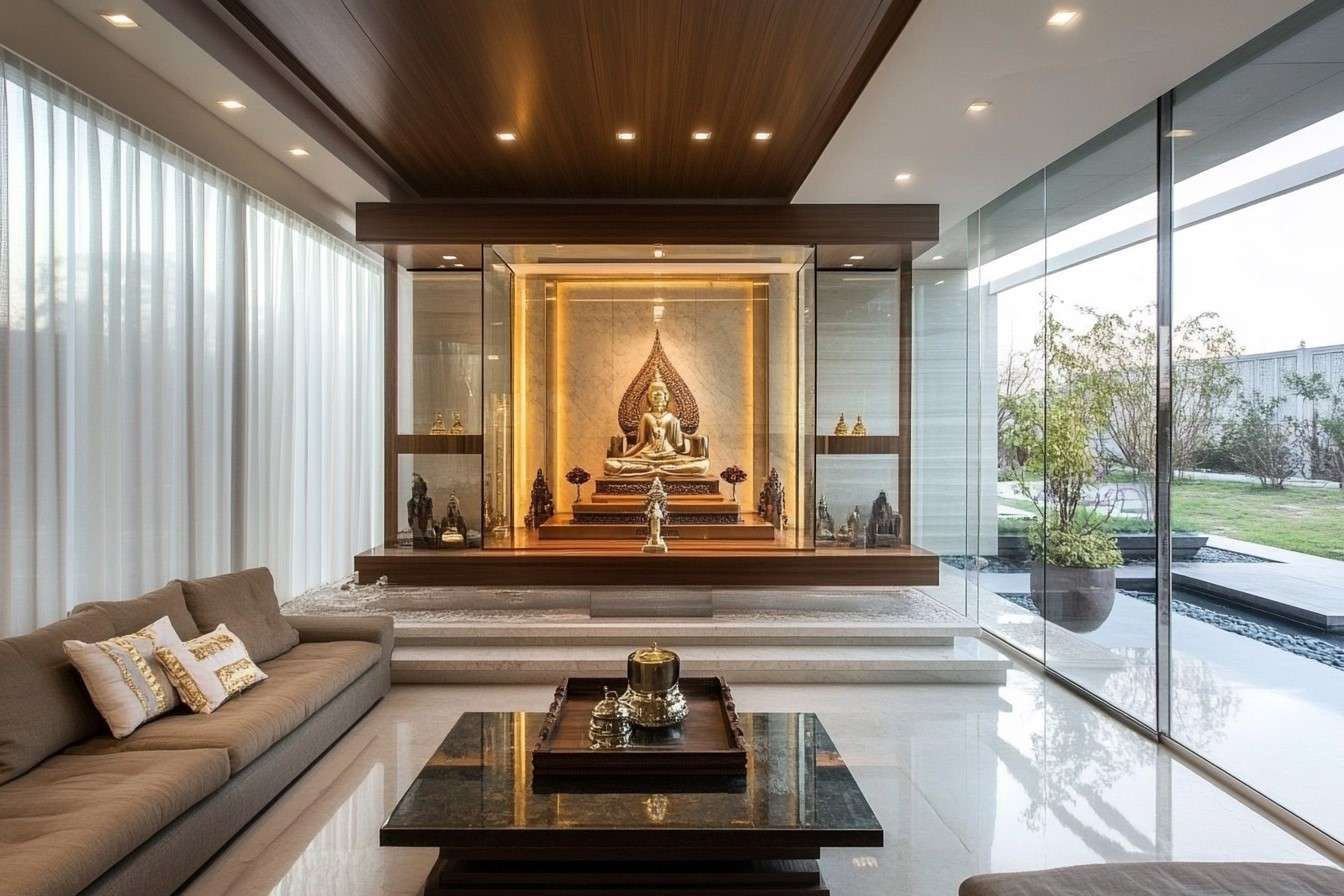 Modern Glass Mandir Design in Living Room