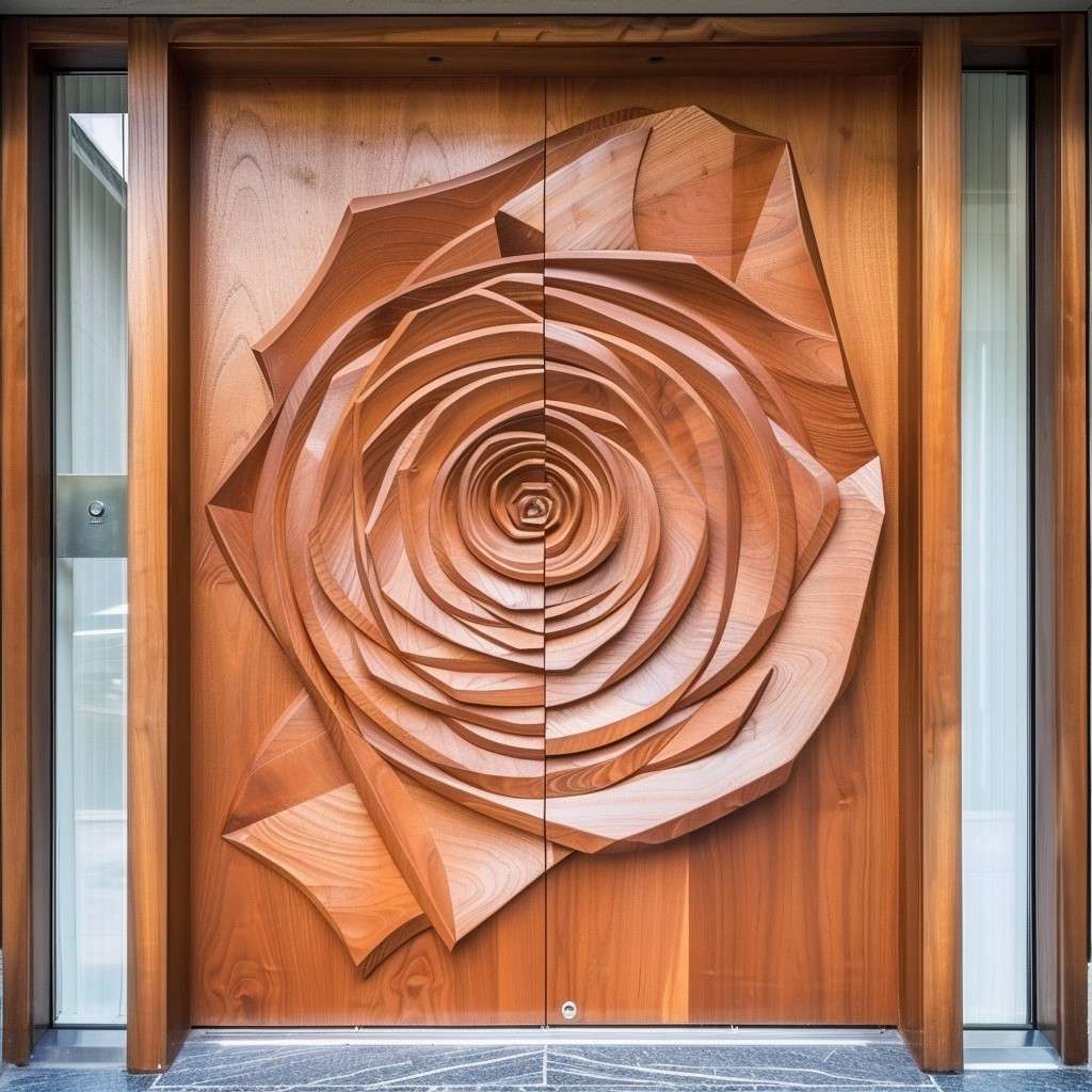 Rose Flower Wood Carving Design for Front Double Door in Modern Style