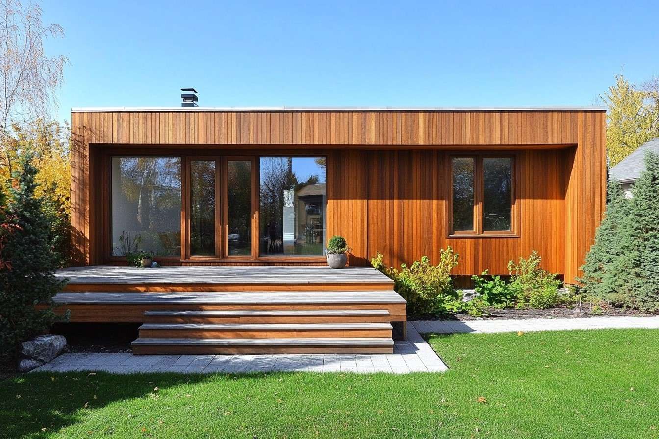 Simple Wooden House Design with Garden Front View