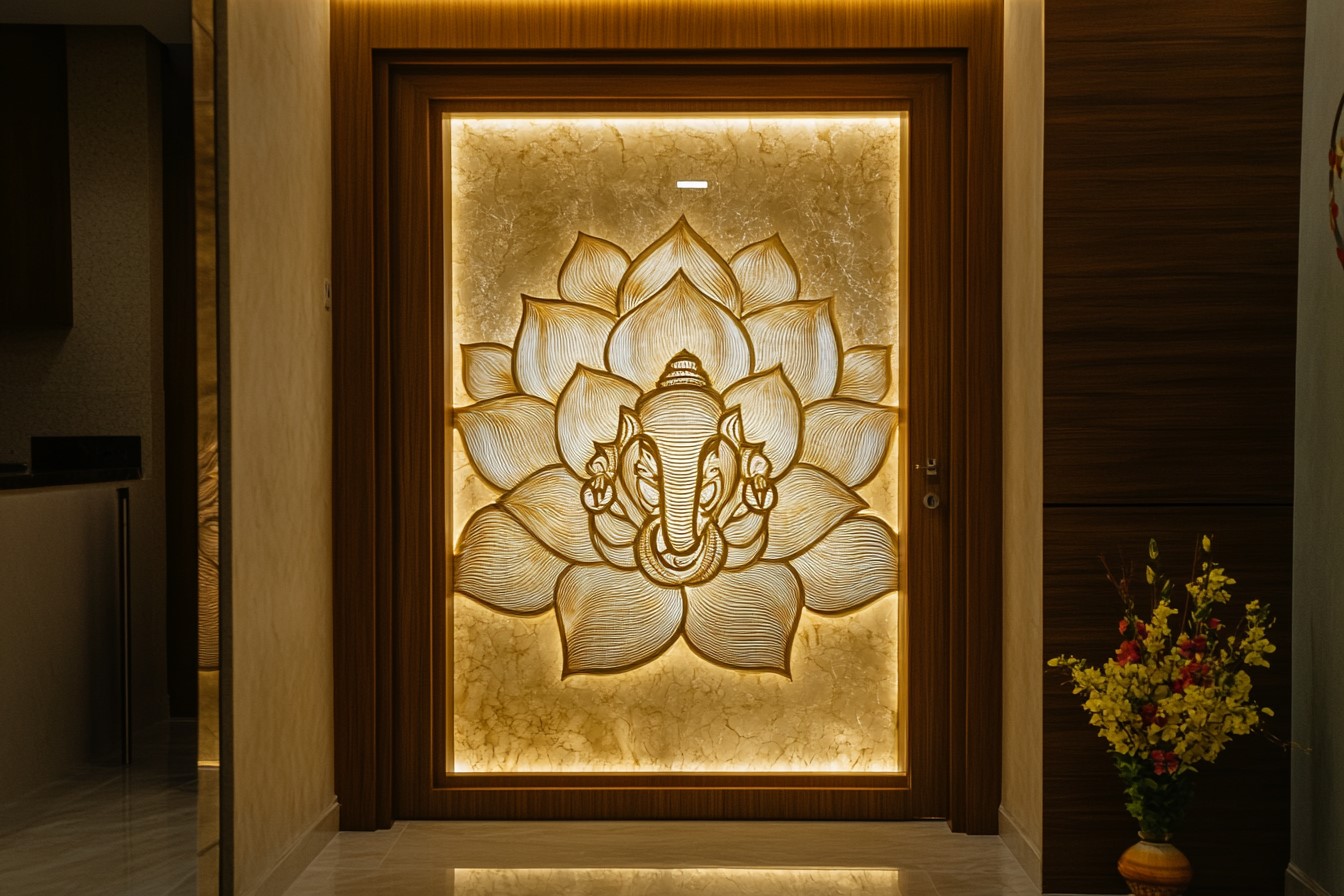 Single Main Door Design with Ganesh and Flowers