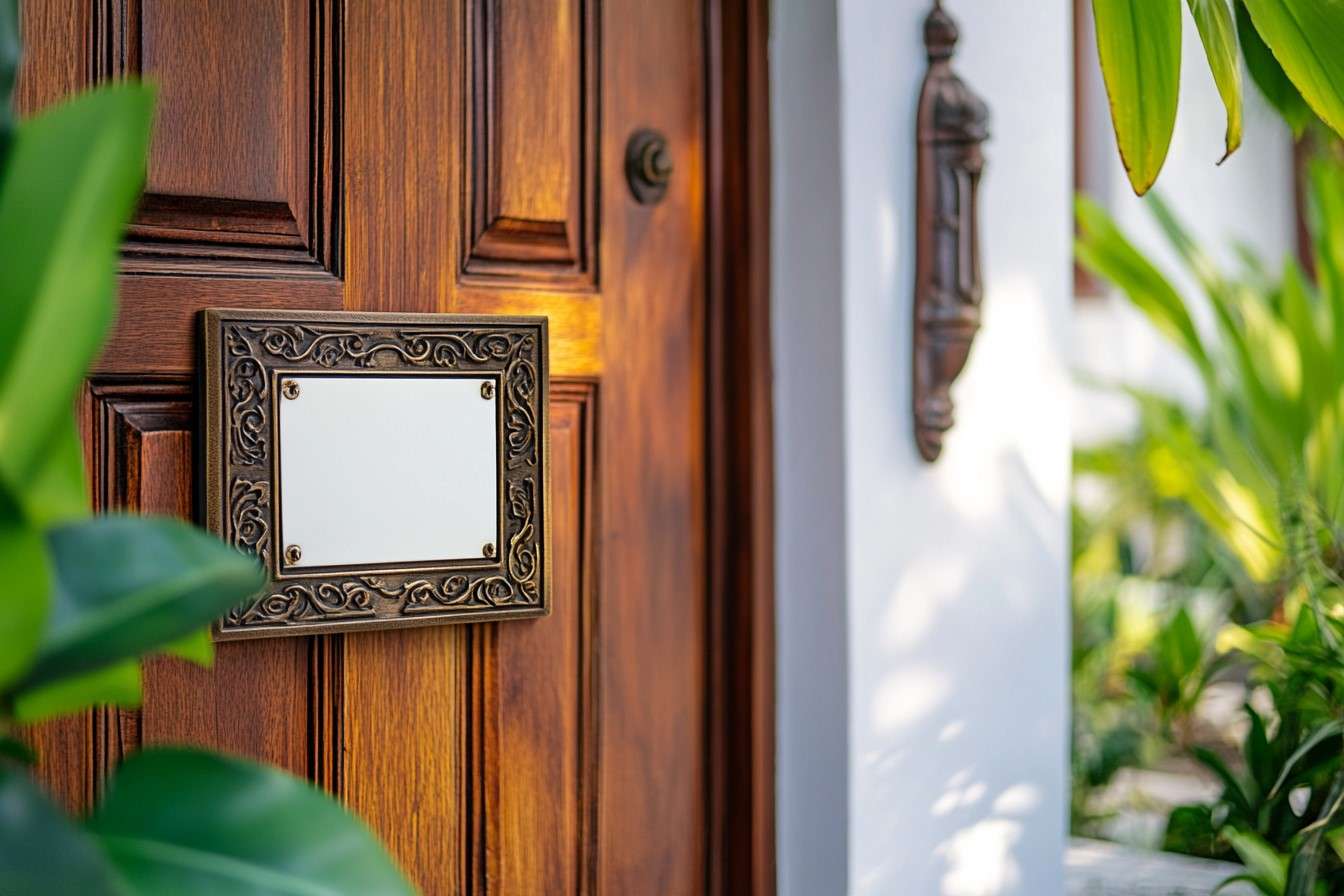 Solid White Nameplate Beside Wooden Door As Per Vastu