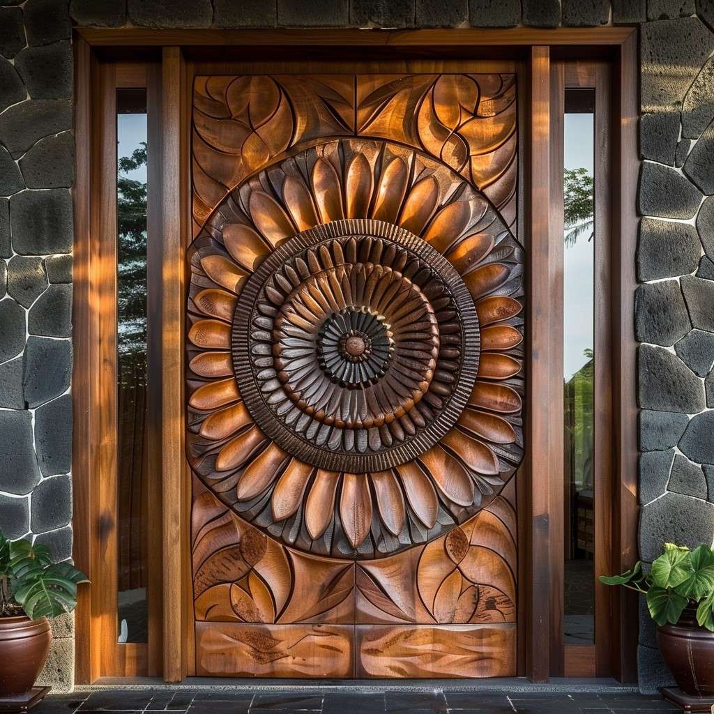 Sunflower Wood Carving Design for Main Door in Modern Style