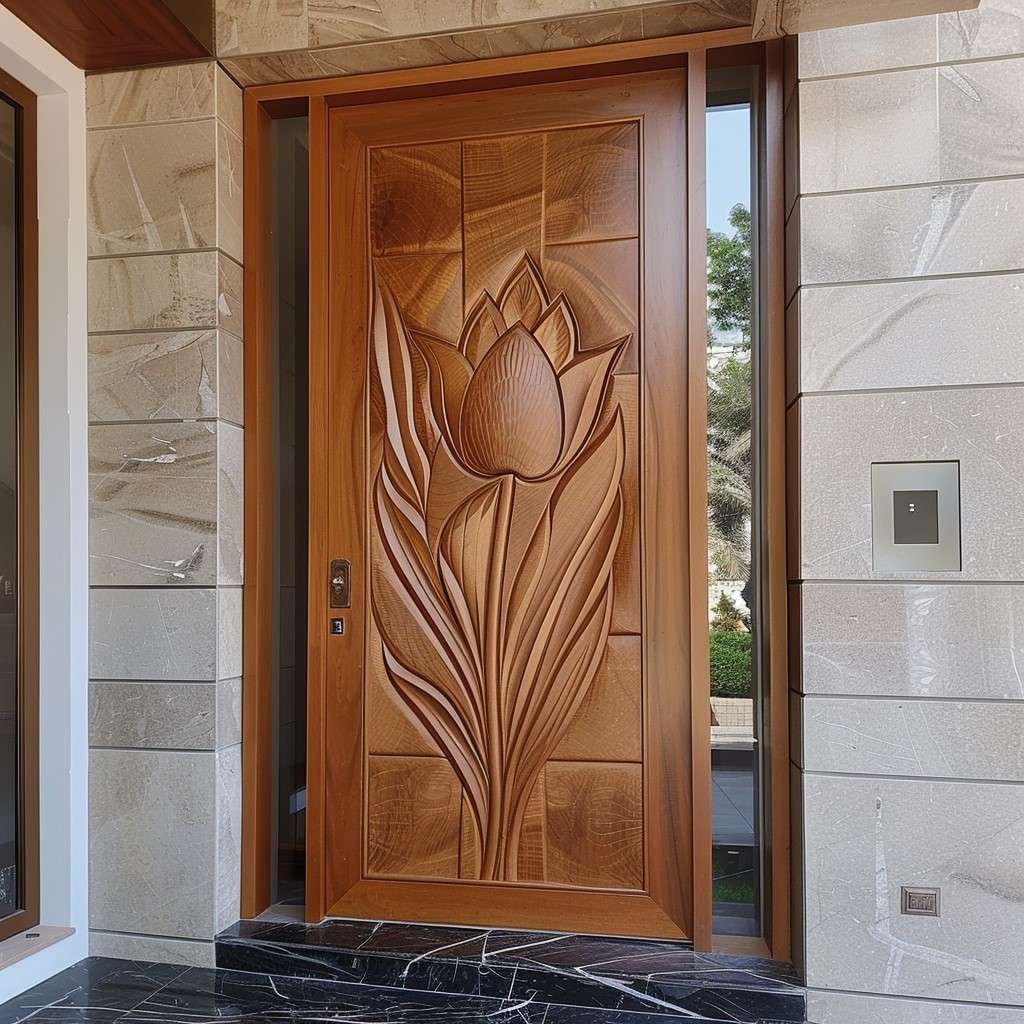 Tulip Flower Wood Carving Design for Main Entrance Door